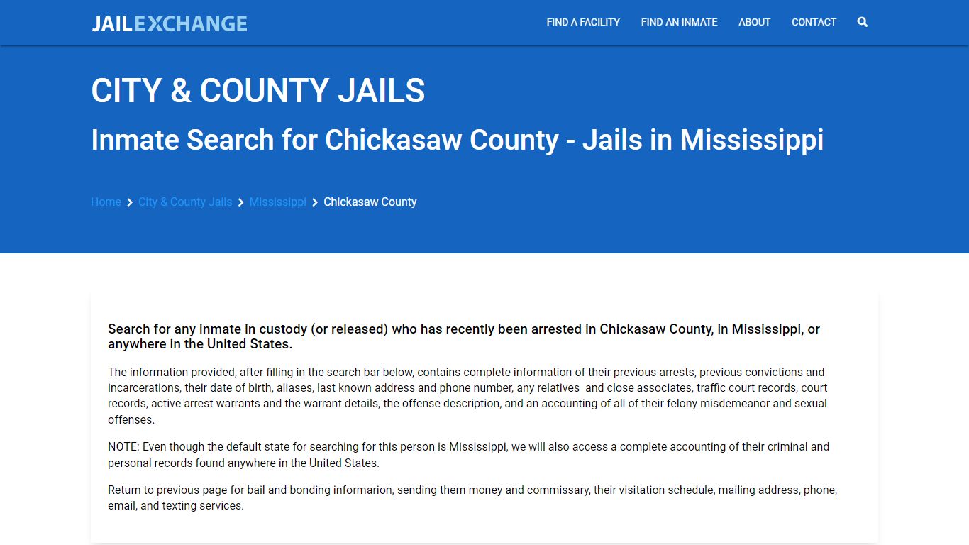 Locate an inmate in Chickasaw County, Mississippi - Jail Exchange